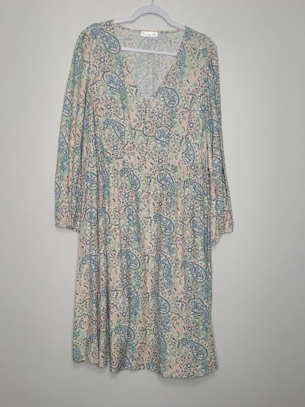 89th and Madison pastel green blue paisley print midi brunch cottage dress 1x